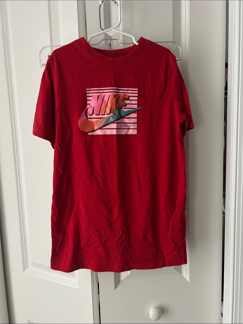 Nike Red Short Sleeve Tee with Rainbow Swoosh Graphic